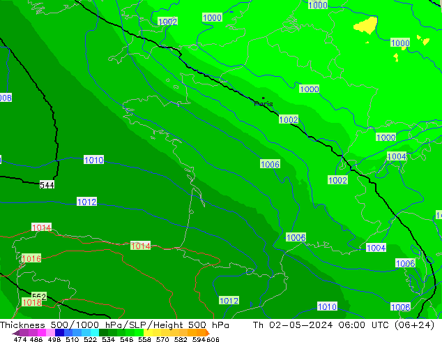 Schichtdicke 500-1000 hPa UK-Global Do 02.05.2024 06 UTC