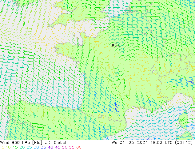 Wind 850 hPa UK-Global We 01.05.2024 18 UTC