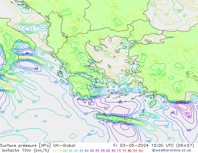 Isotachs (kph) UK-Global Pá 03.05.2024 15 UTC