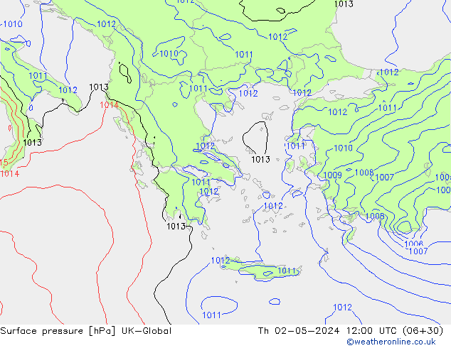 Presión superficial UK-Global jue 02.05.2024 12 UTC