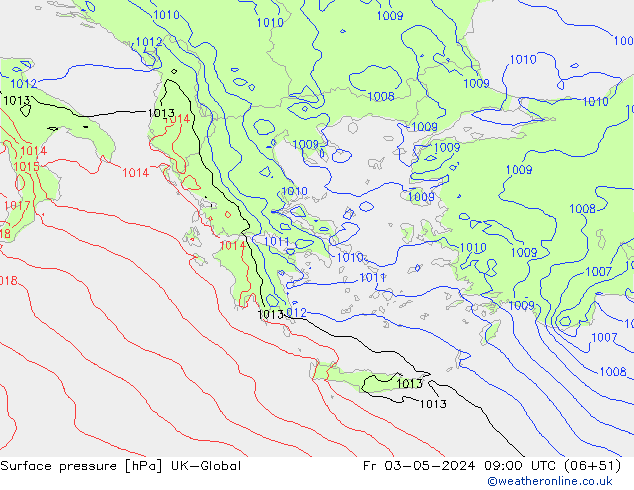 Pressione al suolo UK-Global ven 03.05.2024 09 UTC