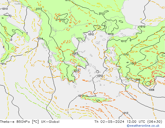 Theta-e 850hPa UK-Global Qui 02.05.2024 12 UTC