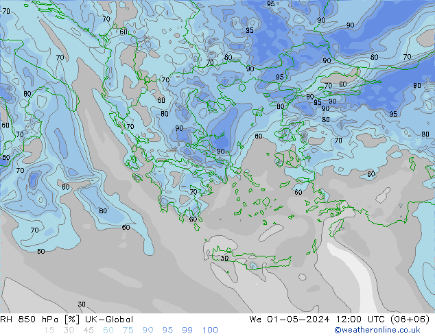 Humedad rel. 850hPa UK-Global mié 01.05.2024 12 UTC