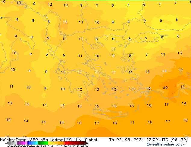 Height/Temp. 850 hPa UK-Global Th 02.05.2024 12 UTC