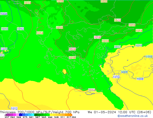 Thck 700-1000 hPa UK-Global mer 01.05.2024 12 UTC