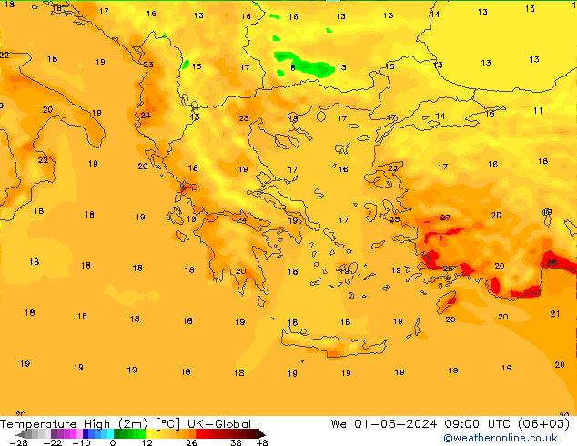 Temperatura máx. (2m) UK-Global mié 01.05.2024 09 UTC