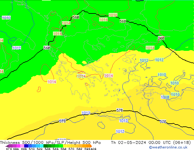 Espesor 500-1000 hPa UK-Global jue 02.05.2024 00 UTC