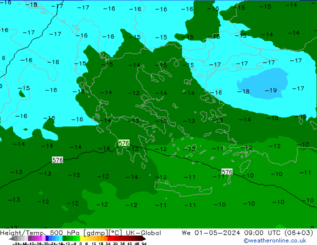 Height/Temp. 500 hPa UK-Global śro. 01.05.2024 09 UTC