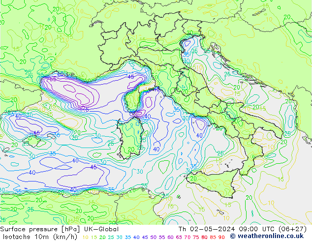 Isotachs (kph) UK-Global Qui 02.05.2024 09 UTC