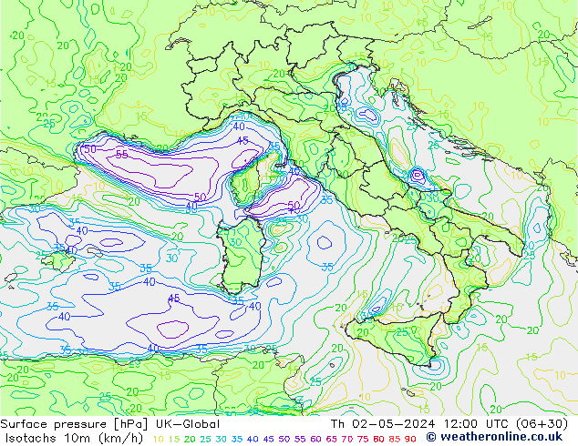 Isotachs (kph) UK-Global Čt 02.05.2024 12 UTC