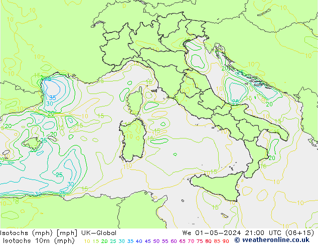 Isotachs (mph) UK-Global We 01.05.2024 21 UTC