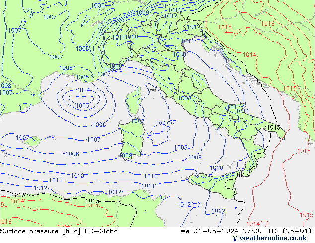 pression de l'air UK-Global mer 01.05.2024 07 UTC