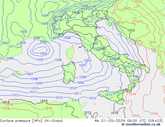 Pressione al suolo UK-Global mer 01.05.2024 09 UTC