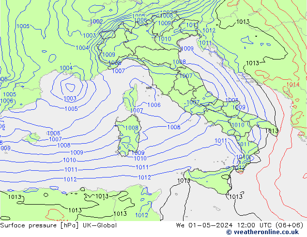 Pressione al suolo UK-Global mer 01.05.2024 12 UTC