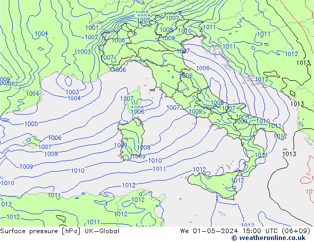 Pressione al suolo UK-Global mer 01.05.2024 15 UTC