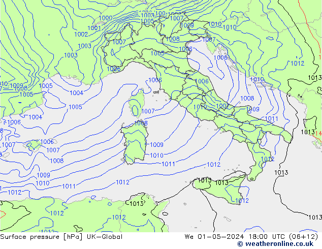 Pressione al suolo UK-Global mer 01.05.2024 18 UTC