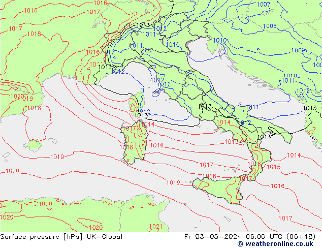 Pressione al suolo UK-Global ven 03.05.2024 06 UTC