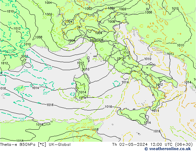 Theta-e 850hPa UK-Global czw. 02.05.2024 12 UTC