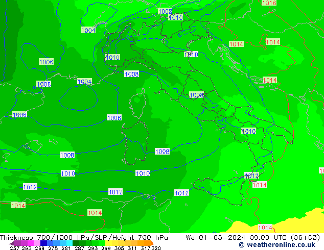 Dikte700-1000 hPa UK-Global wo 01.05.2024 09 UTC