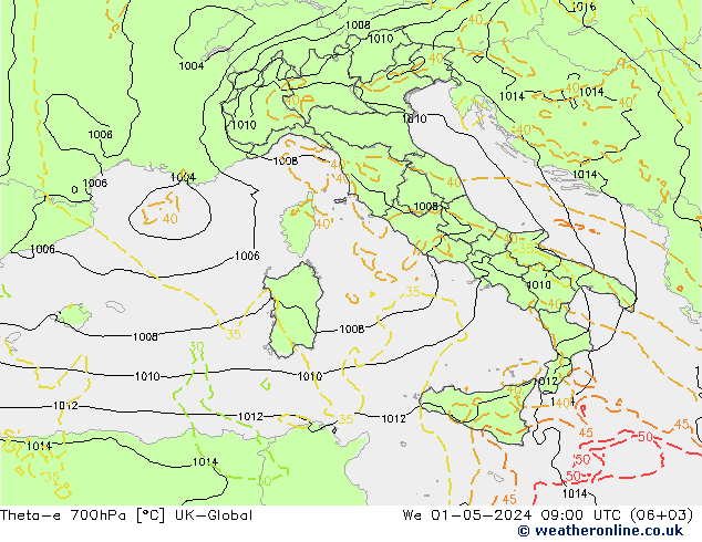 Theta-e 700hPa UK-Global wo 01.05.2024 09 UTC