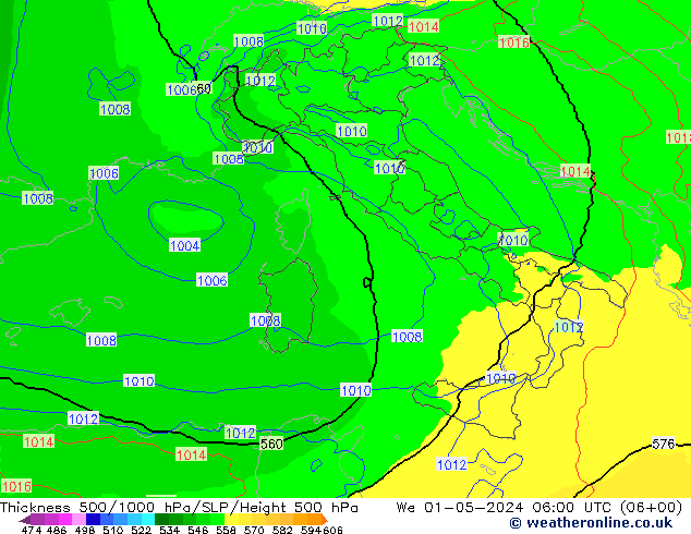 Dikte 500-1000hPa UK-Global wo 01.05.2024 06 UTC