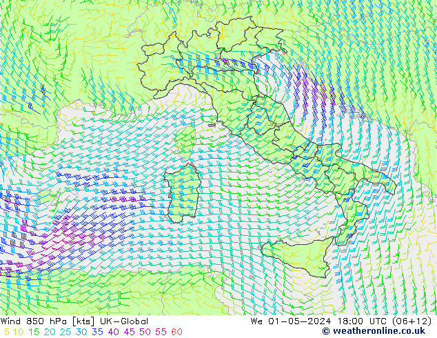 Vent 850 hPa UK-Global mer 01.05.2024 18 UTC