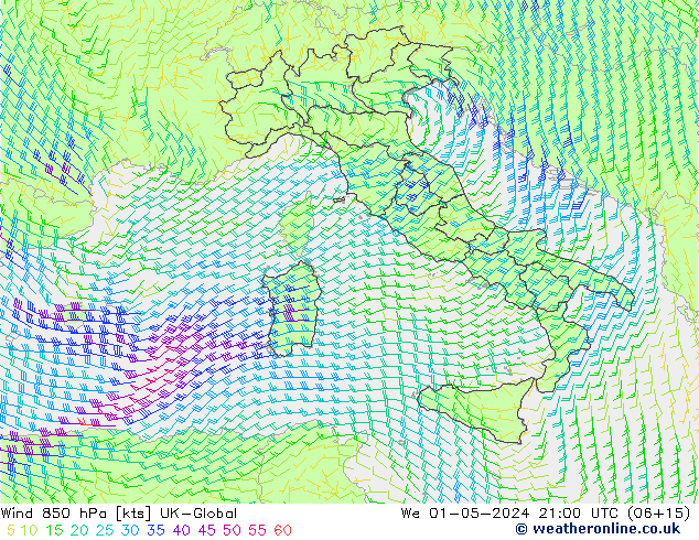 Vento 850 hPa UK-Global Qua 01.05.2024 21 UTC