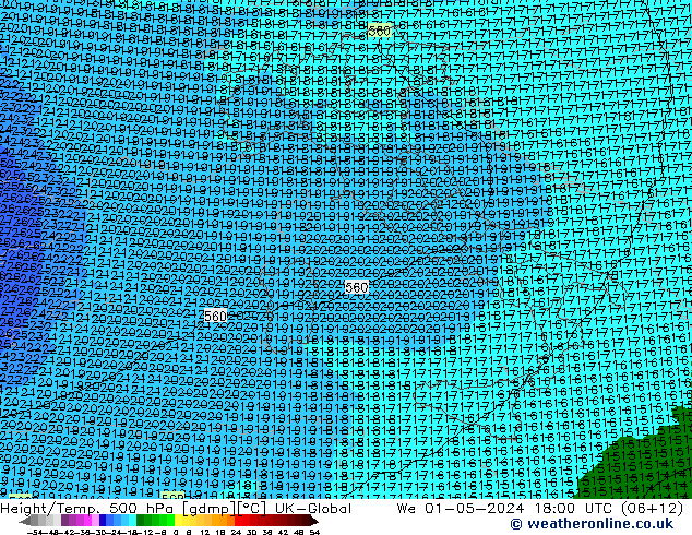 Height/Temp. 500 hPa UK-Global  01.05.2024 18 UTC