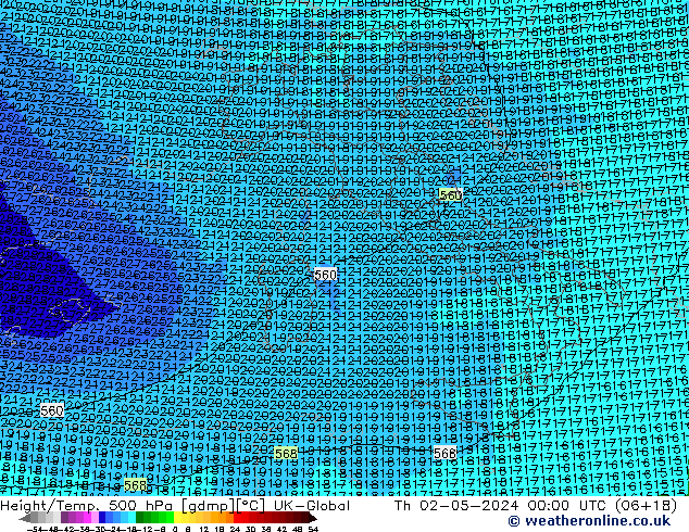 Height/Temp. 500 hPa UK-Global Qui 02.05.2024 00 UTC