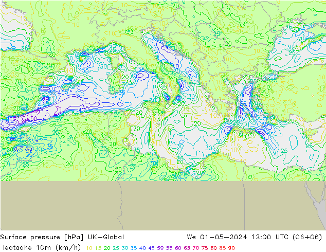 Isotachs (kph) UK-Global Qua 01.05.2024 12 UTC