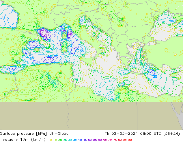 Isotachs (kph) UK-Global Qui 02.05.2024 06 UTC