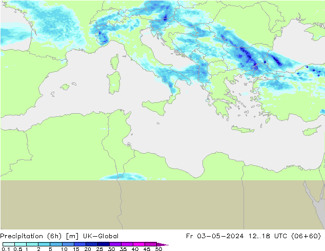 Precipitation (6h) UK-Global Fr 03.05.2024 18 UTC