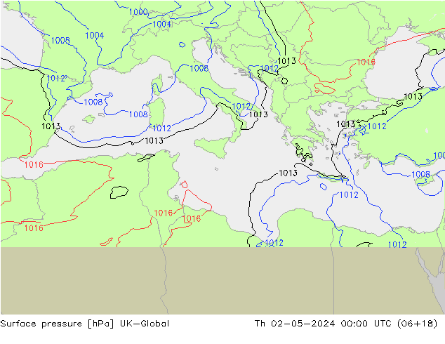 Presión superficial UK-Global jue 02.05.2024 00 UTC