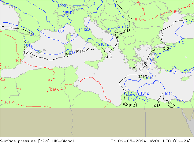 Surface pressure UK-Global Th 02.05.2024 06 UTC