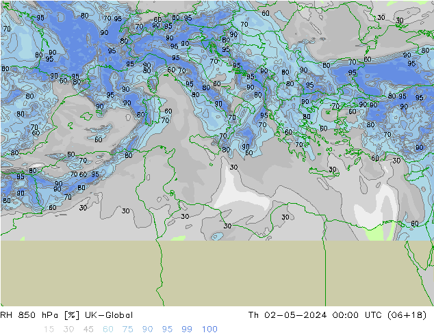 RH 850 hPa UK-Global Čt 02.05.2024 00 UTC