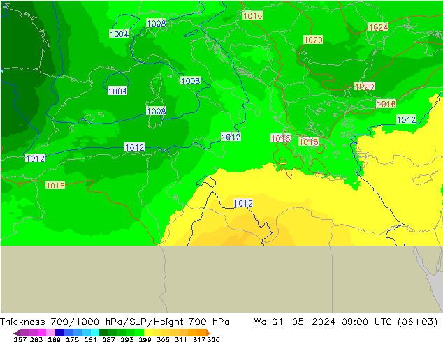 Thck 700-1000 hPa UK-Global mer 01.05.2024 09 UTC