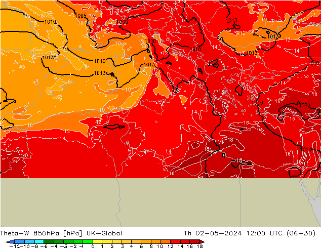 Theta-W 850hPa UK-Global Th 02.05.2024 12 UTC
