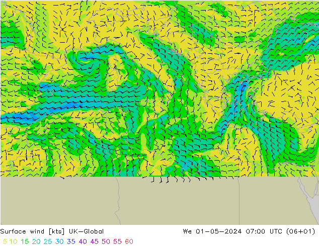 Vento 10 m UK-Global mer 01.05.2024 07 UTC