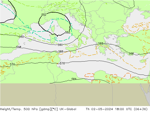 Height/Temp. 500 hPa UK-Global Qui 02.05.2024 18 UTC