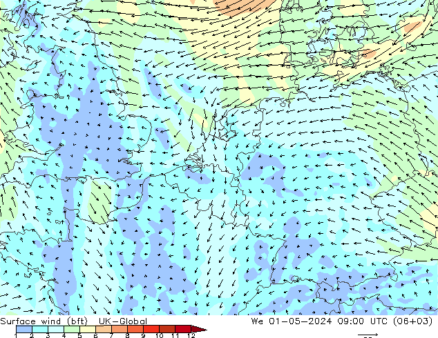 Surface wind (bft) UK-Global St 01.05.2024 09 UTC