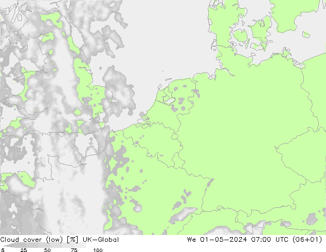 Cloud cover (low) UK-Global We 01.05.2024 07 UTC