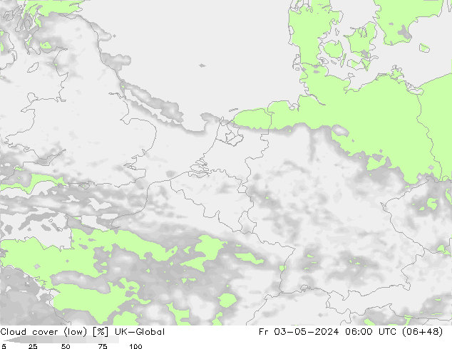 Cloud cover (low) UK-Global Fr 03.05.2024 06 UTC
