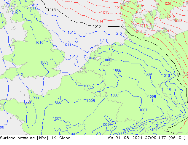 Surface pressure UK-Global We 01.05.2024 07 UTC