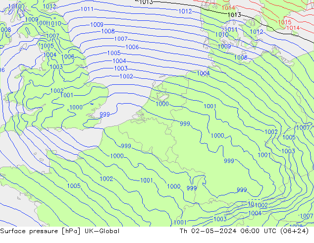 Pressione al suolo UK-Global gio 02.05.2024 06 UTC