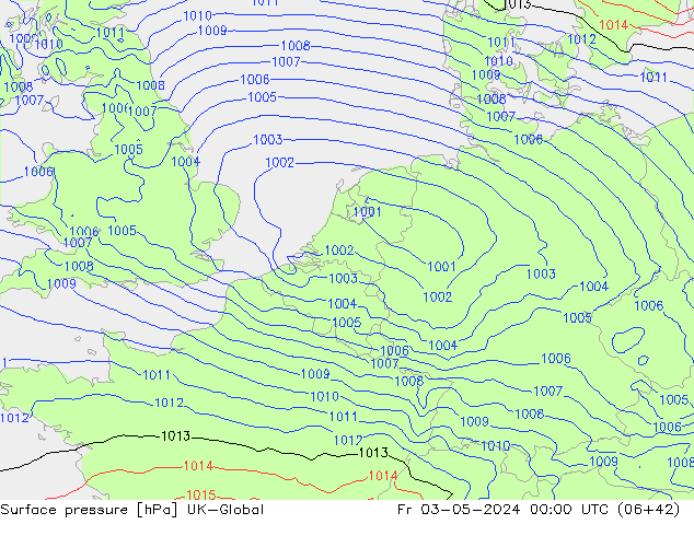 Pressione al suolo UK-Global ven 03.05.2024 00 UTC