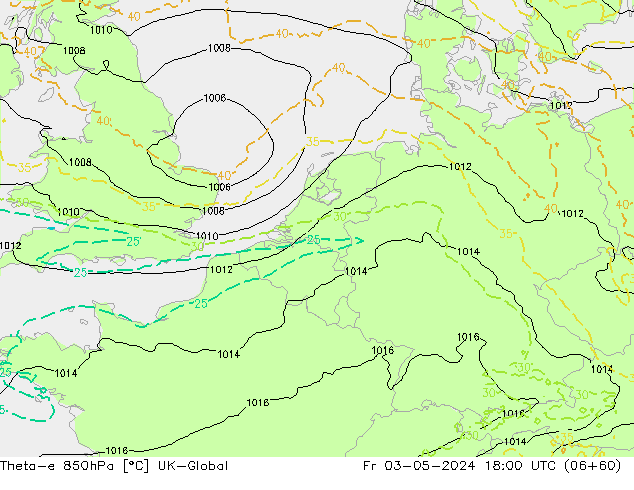 Theta-e 850hPa UK-Global Fr 03.05.2024 18 UTC