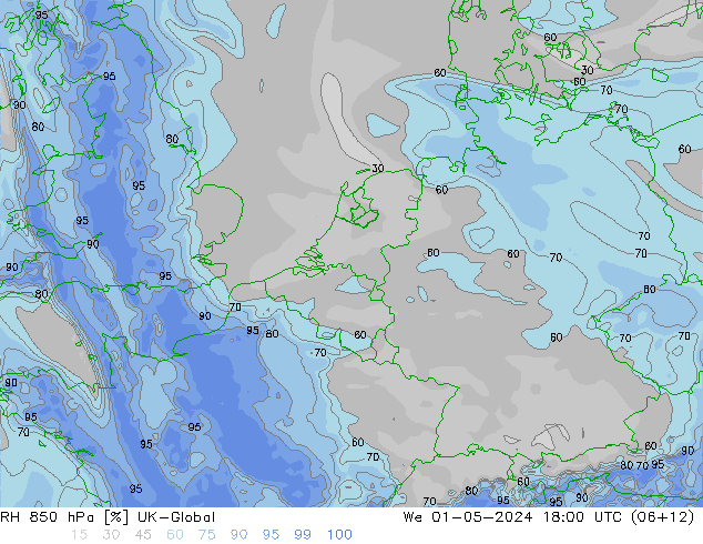 Humedad rel. 850hPa UK-Global mié 01.05.2024 18 UTC