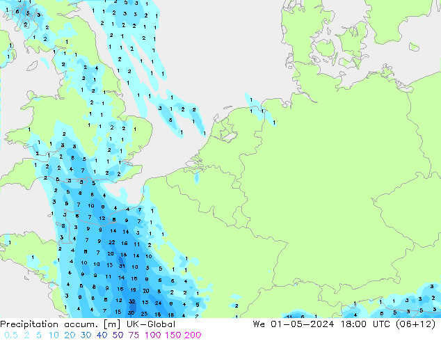 Précipitation accum. UK-Global mer 01.05.2024 18 UTC