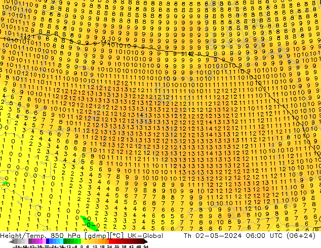 Height/Temp. 850 hPa UK-Global Th 02.05.2024 06 UTC