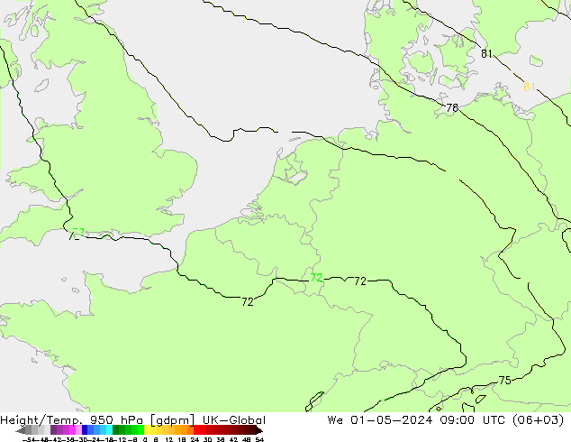 Height/Temp. 950 hPa UK-Global We 01.05.2024 09 UTC